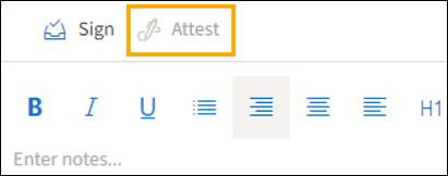 Clinical note tab with a yellow highlight box around the Attest button.